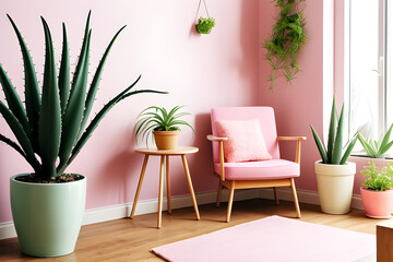 Fototapeta na wymiar Aloe in pink pot on wooden table in pastel apartment interior with plants and armchair beside sofa with pillows 