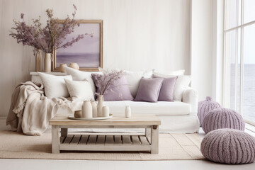 Fototapeta na wymiar Stylish living room with a white sofa, pillows and a table