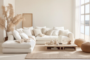 Stylish living room with a white sofa, pillows and a table