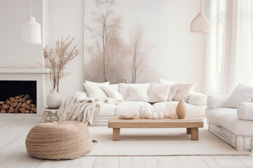 Fototapeta na wymiar Stylish living room with a white sofa, pillows and a table