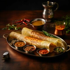 South Indian dosa on brass platter on dark teak table