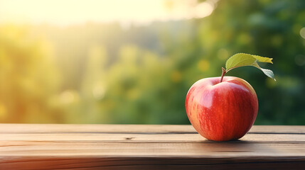 Fresh red apple on a wooden table with blurry nature background