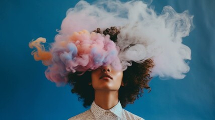 Woman with head in the clouds  - obrazy, fototapety, plakaty