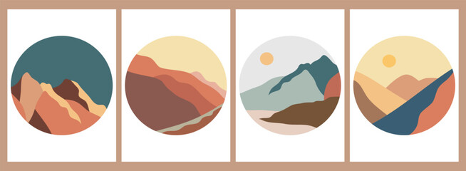 Naklejka premium Set of mountains landscape illustration. Round icon. creative minimalist hand painted illustrations of Mid century modern art with Ocean, hills, wave