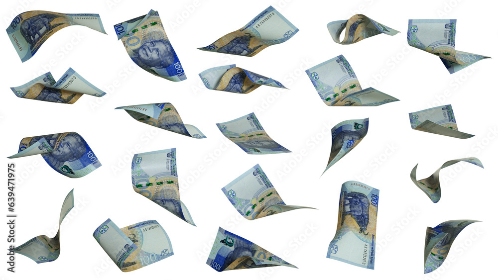 Aufkleber 3D rendering of 2023 South African rand notes flying in different angles and orientations isolated on transparent background