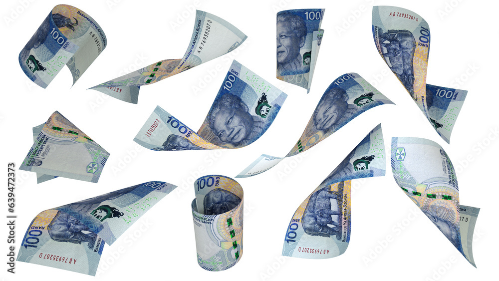 Aufkleber 3D rendering of 2023 South African rand notes flying in different angles and orientations isolated on transparent background