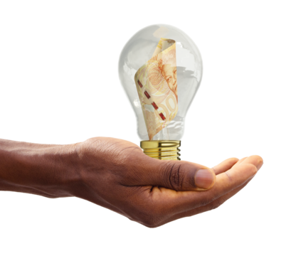Black Hand holding 3d rendered South Africa Rand note inside transparent light bulb, creative thinking. Making money by solving problem. Having idea concept
