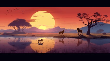 lion and lioness in the savanna at sunset 