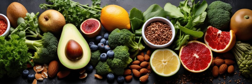 Clean Eating Essentials: Vibrant Selection of Healthy Foods on Concrete (Suitable for Nutrition Guides, Diet Plans, and Wellness Blogs)