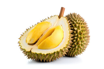 Naklejka premium Durian fruit with cut in half isolated on white background. (ai generated)