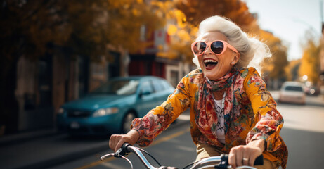 Grandmother's Cycling Adventure: On a serene autumn afternoon, an adult woman revels in a leisurely bike ride, embracing the vibrant colors of the season.
