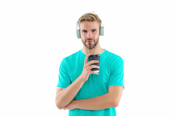 image of man millennial in headphones. man millennial in headphones isolated on white.