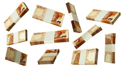 3D Stack of South african rand notes flying in angles on isolated white background
