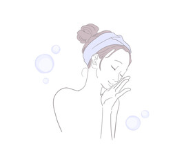 スキンケア後の肌にうっとりする女性のイメージイラスト