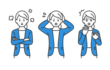 怒り･ショックのポーズをするビジネスパーソン女性のセット【人物ベクターイラスト素材】