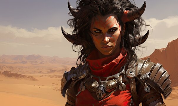 Explore the contrast between beauty and darkness with a mesmerizing shot of a demon woman adorned with horns, her enigmatic gaze captivating against the barren desert setting.