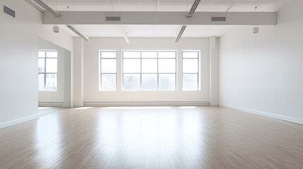 Fototapeta premium Minimal style interior room with white wall. dance hall, office space