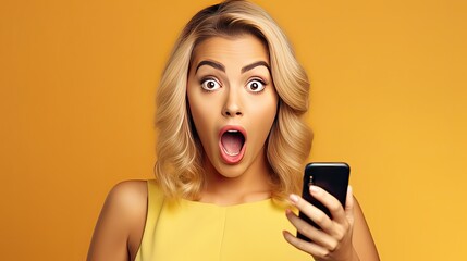 Naklejka premium beautiful woman exited surprise face expression . female feels shocked. exciting smile and happy adorable rejoices. Very enjoy and fun relax time. wow, girl holding smartphone. Smile.