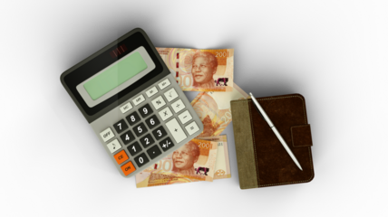 3d rendering calculator, south Africa  rand note and Ipad