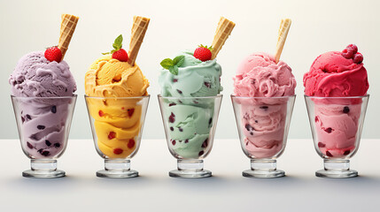 Set of ice cream scoops of different colors and flavours with berries. Generative Ai