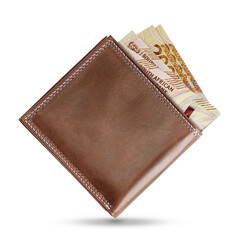 3D rendering of 200 South African rand notes popping out of a brown leather men’s wallet
