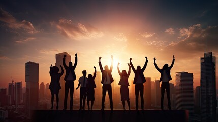 Fototapeta premium Silhouette of business team stand and feel happy on the most hight at stand on sunset, success, leader, teamwork, target, Aim, confident, achievement, goal, on plan, finish, generate by AI