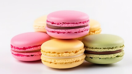 Fototapeta na wymiar Yellow, pink and green macaron cookies isolated on white background. Generative Ai