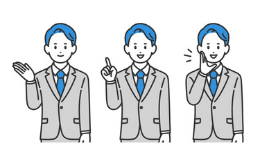 案内･指差し･呼びかけのポーズをするビジネスパーソン男性のセット【人物ベクターイラスト素材】