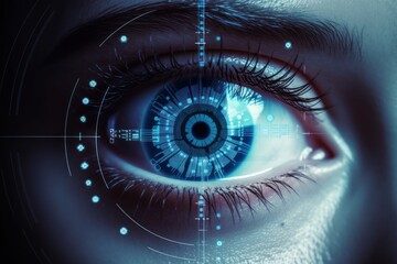 Obraz premium Futuristic of Iris Recognition and Retina Scanning System With Digital Interface, Biometric Identification and Data Security Verification. Generative Ai