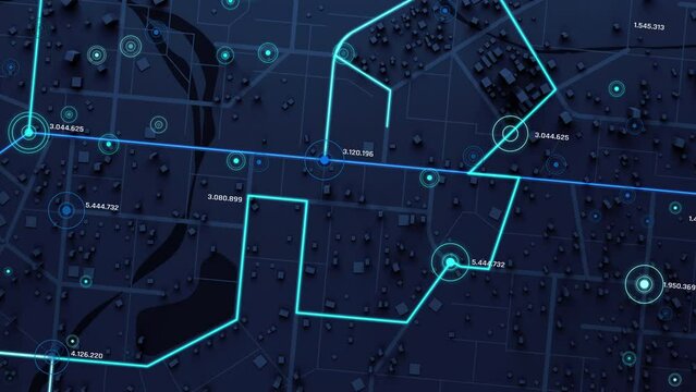 3D Rendering Navigate cityscapes 3D top-view map with route and destination. 3D city map, top view, navigator route, GPS destination