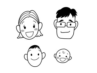 四人家族のイラスト　線画