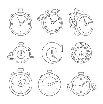 Timer time countdown. Coloring Page. Stopwatch watch device. Vector drawing. Collection of design elements.