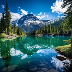 A serene mountain lake reflecting the azure sky, surrounded by evergreens, capturing nature's untouched beauty and the essence of tranquility.
