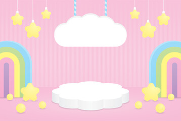 cute kawaii cloud shape podium stage and hanging sign with sweet rainbow arch and stars 3d illustration vector for putting object
