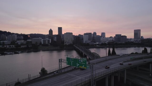 Portland Oregon Downtown Highway at Sunset