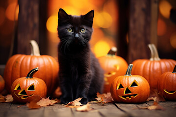 Halloween concept, cute black kitten and decorated pumpkins on wooden floor outdoors