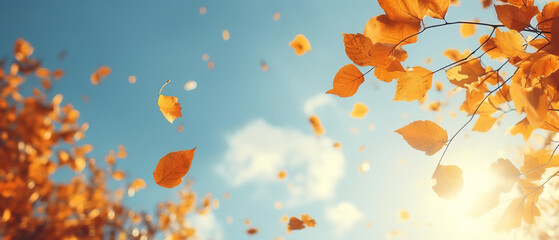Autumn banner, fallen yellow leaves against sky on sunny day