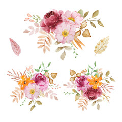 Watercolor elegant bouquet of autumn flowers and leaves