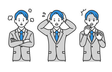 怒り･ショックのポーズをするビジネスパーソン男性のセット【人物ベクターイラスト素材】