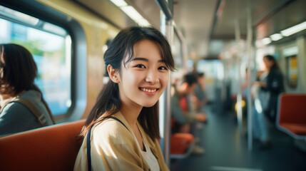 A Female passenger smiling beautiful white Asian model in close-up driving public transport subway people behind sitting on the seat drive to the train station