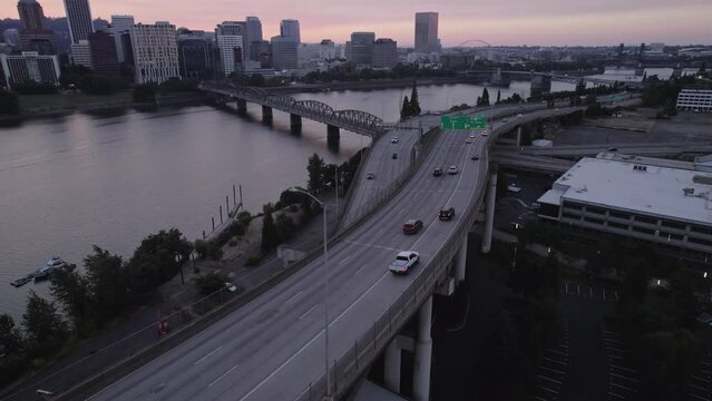 Portland Oregon Downtown Highway at Sunset
