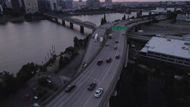 Portland Oregon Downtown Highway at Sunset