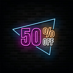 Neon 50 Percent off, Special Offers, Discount Neon Signs Vector Design Template Neon Style