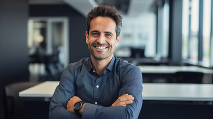 A Portrait of handsome smiling man sitting with arms crossed in office and looking at camera High quality photo with copy space.