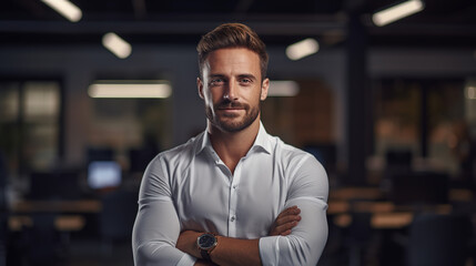 A Portrait of handsome smiling man sitting with arms crossed in office and looking at camera High quality photo with copy space. - obrazy, fototapety, plakaty