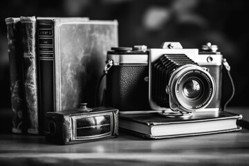 Nostalgic Vintage Camera and Black-and-White Photos on Wooden Table - Capturing Memories in a Retro Display - Created with Generative AI Tools