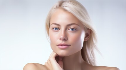Naklejka premium Radiant Beauty: A captivating portrait of a young woman with flawless skin, piercing blue eyes, and long flowing blonde hair, exuding natural beauty and confidence.