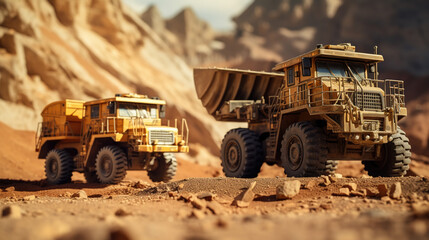 A  Heavy mining truck and excavator developing the iron ore on the opencast mining site
