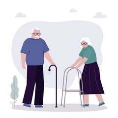 Couple of old people with help medical tools. Family relations, partnership. Elderly people are walking. Relationship, love. Retirement, grandparents together