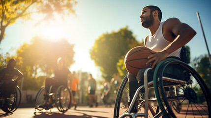 A Sports, basketball and men in wheelchair on court for training, exercise and workout on outdoor park. Fitness, team and male people with disability play with ball for competition - obrazy, fototapety, plakaty